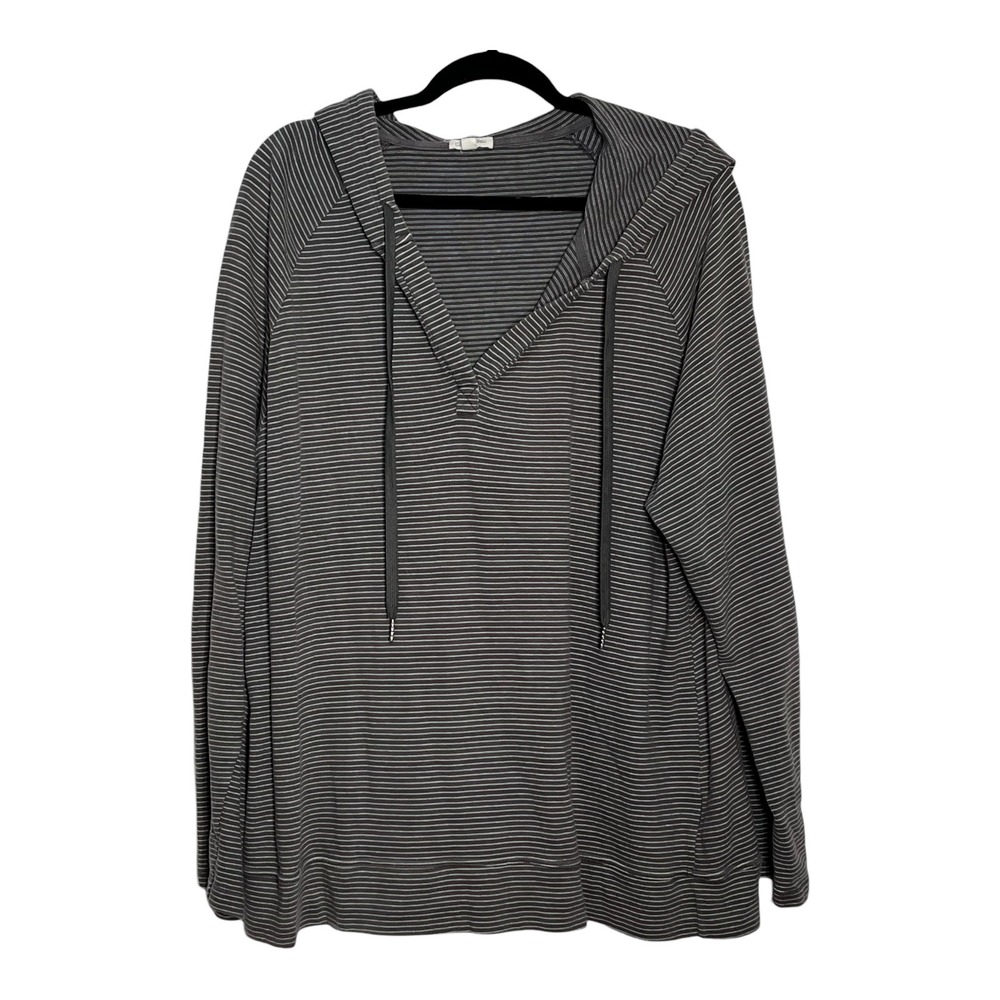 Cotton Bleu Womens 2X Striped V-Neck Hoodie Charcoal Grey Long Sleeve 63238CURVE